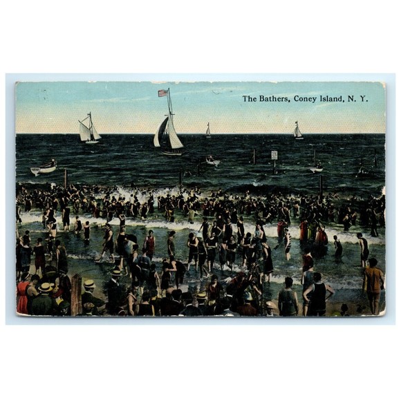 Vintage Postcard Coney Island New‎ York City The Bathers Beach Sail Boat Posted - Picture 1 of 2